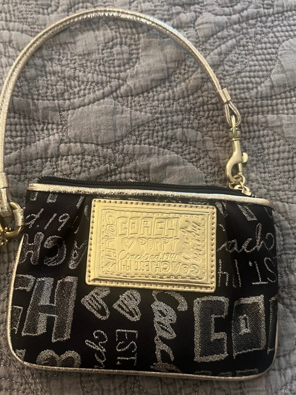 Y2K Coach Poppy Zipper Pouch with Hang Tag Black and Gold Fabric